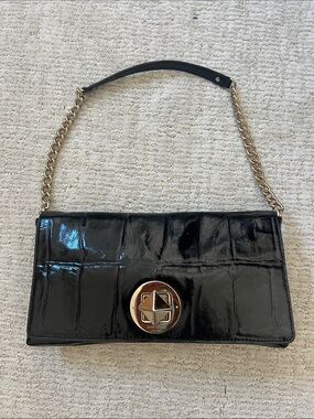 kate spade Black Patent Croc-Embossed Chain Shoulder Bag with Gold Hardware
